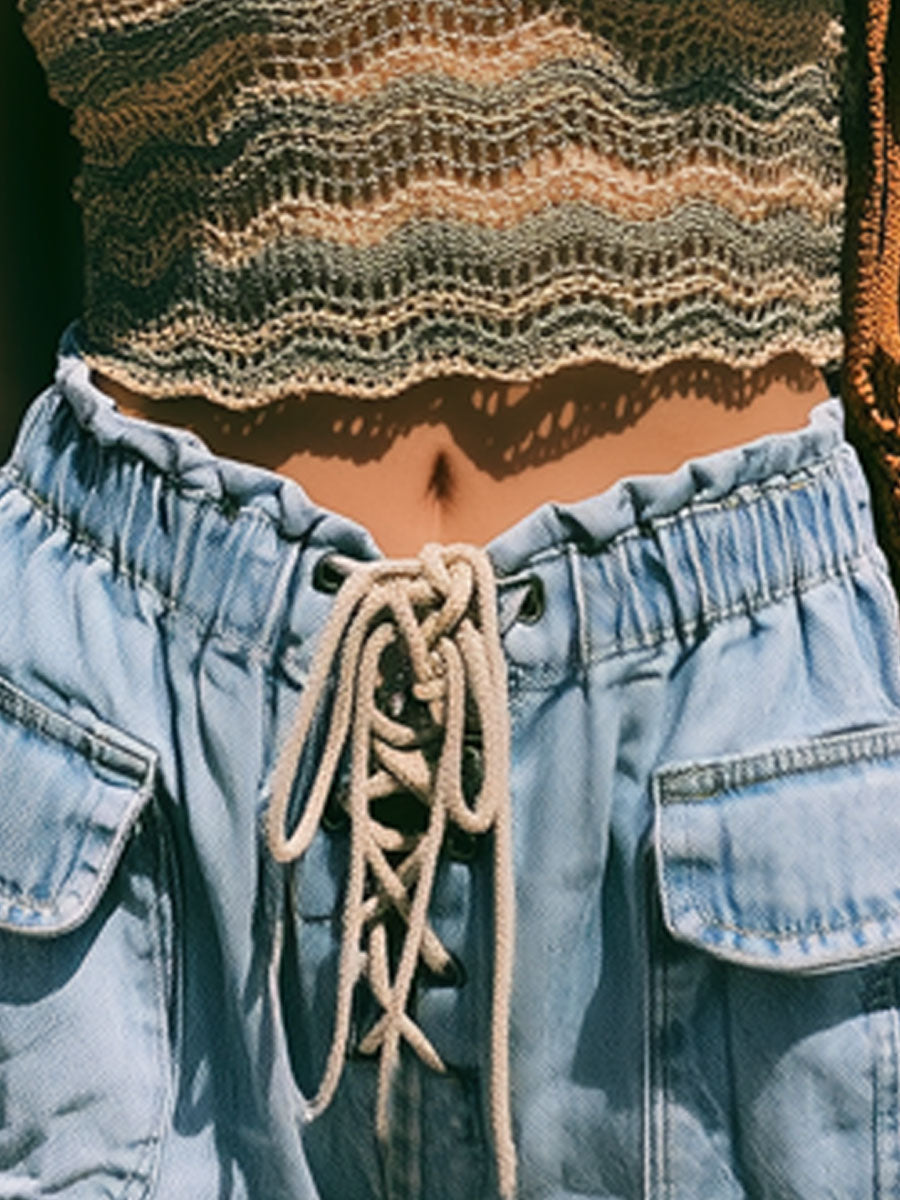 Casual Retro Elastic Waistband Light Blue Denim Cargo Shorts - By Qivii