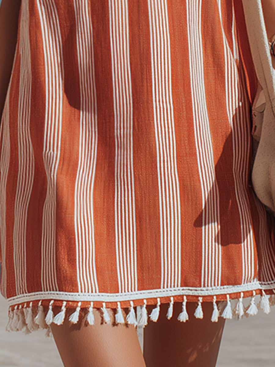 Retro-style Vacation Orange Striped Tassel Cotton-linen Mini Dress - By Qivii