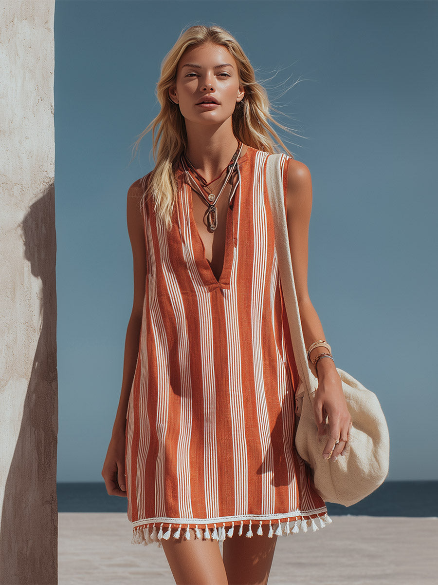 Retro-style Vacation Orange Striped Tassel Cotton-linen Mini Dress - By Qivii