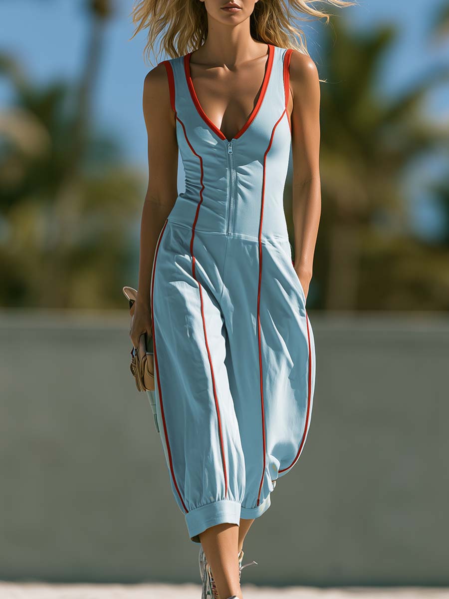 Athleisure Red Trim V-neck Front Zip Light Blue Cotton Jumpsuit - By Qivii