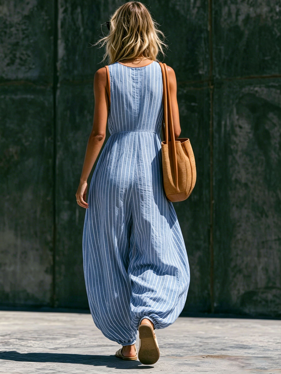 Casual Retro V-neck Tie-up Blue And White Striped Cotton Linen Balloon Jumpsuit - By Qivii
