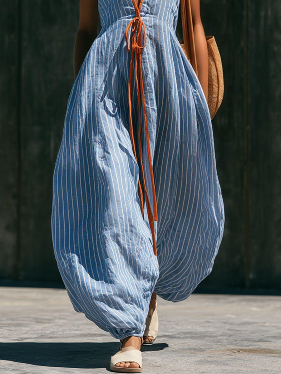 Casual Retro V-neck Tie-up Blue And White Striped Cotton Linen Balloon Jumpsuit - By Qivii