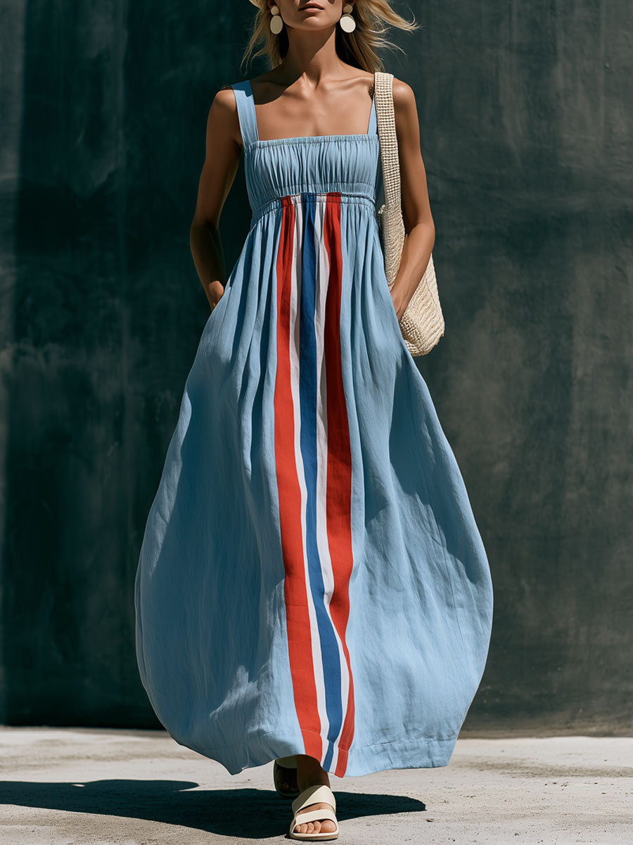 Vacation Retro Color Block Striped Blue Cotton Linen Sleeveless Maxi Dress - By Qivii