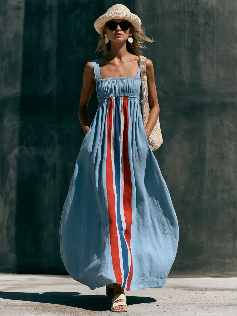 Vacation Retro Color Block Striped Blue Cotton Linen Sleeveless Maxi Dress - By Qivii