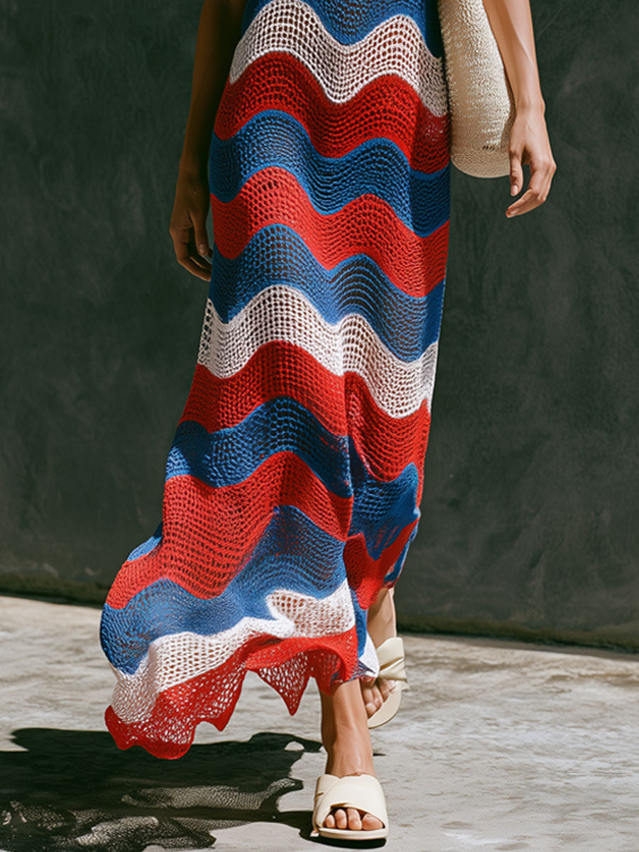 Fashionable Vacation-style Wavy Striped Mesh Knit Sleeveless Maxi Dress - By Qivii
