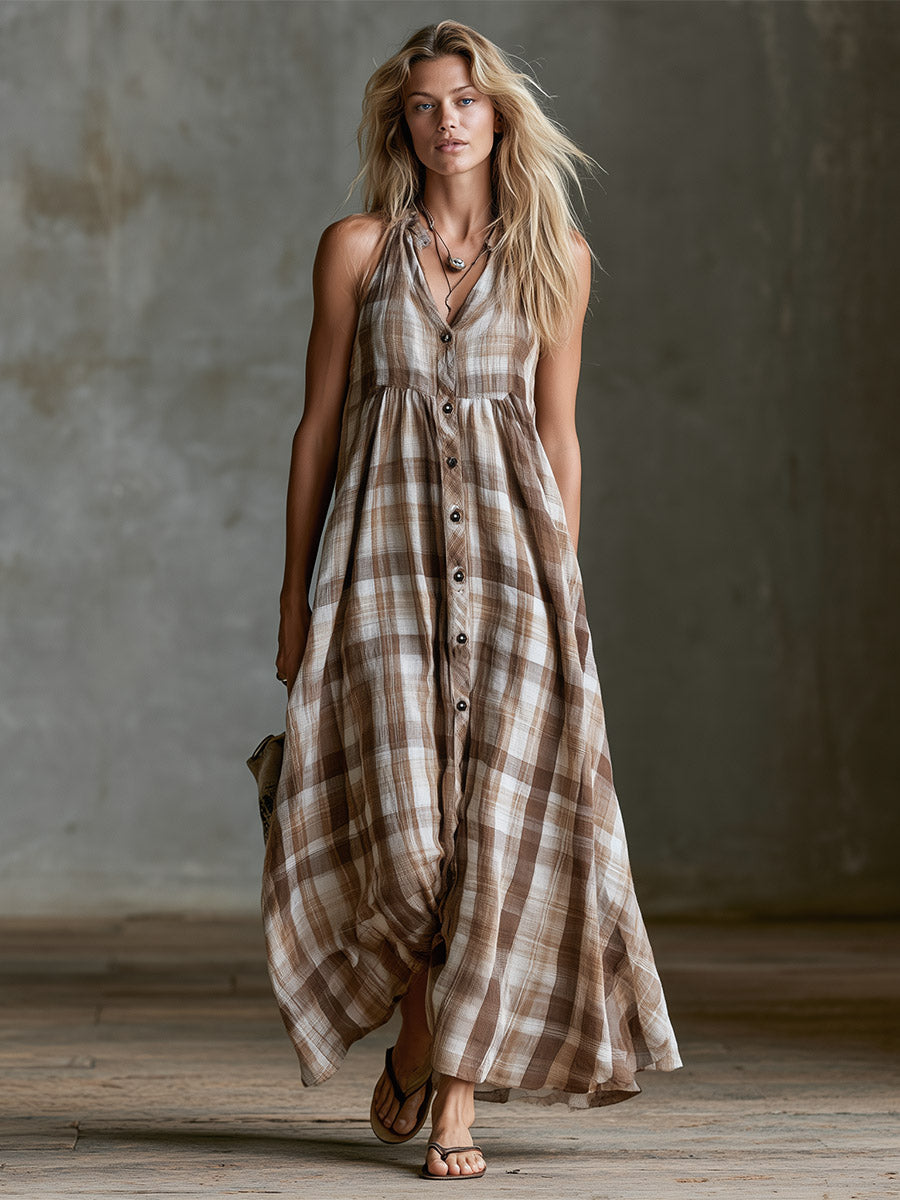 Retro-style Vacation Brown-and-white Check Cotton-linen Maxi Dress - By Qivii