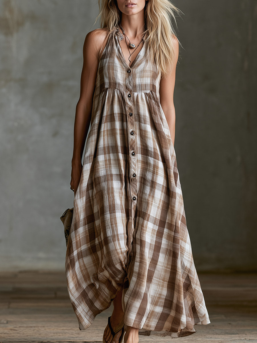 Retro-style Vacation Brown-and-white Check Cotton-linen Maxi Dress - By Qivii