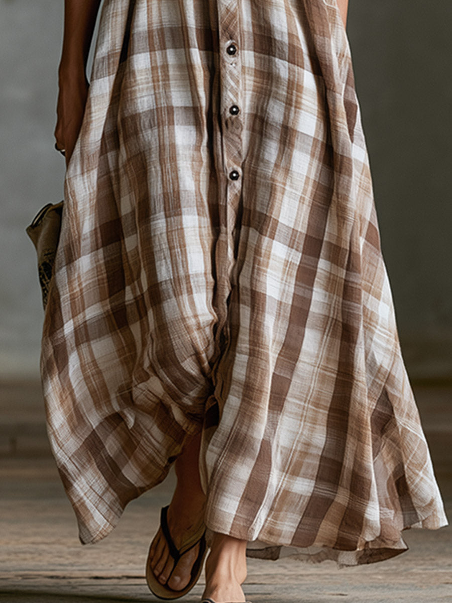 Retro-style Vacation Brown-and-white Check Cotton-linen Maxi Dress - By Qivii