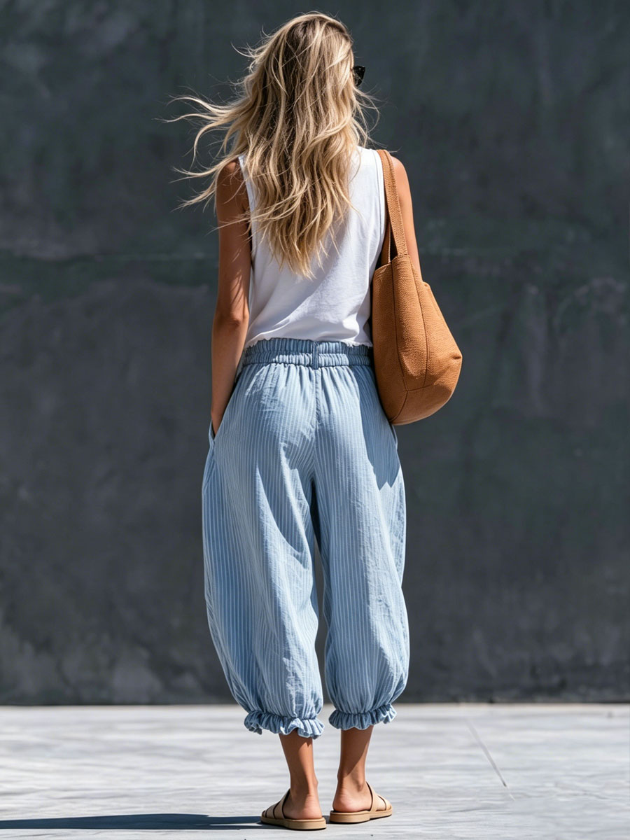 Casual Retro Frayed Top And Light Blue Striped Cotton-linen Cropped Pants Set - By Qivii