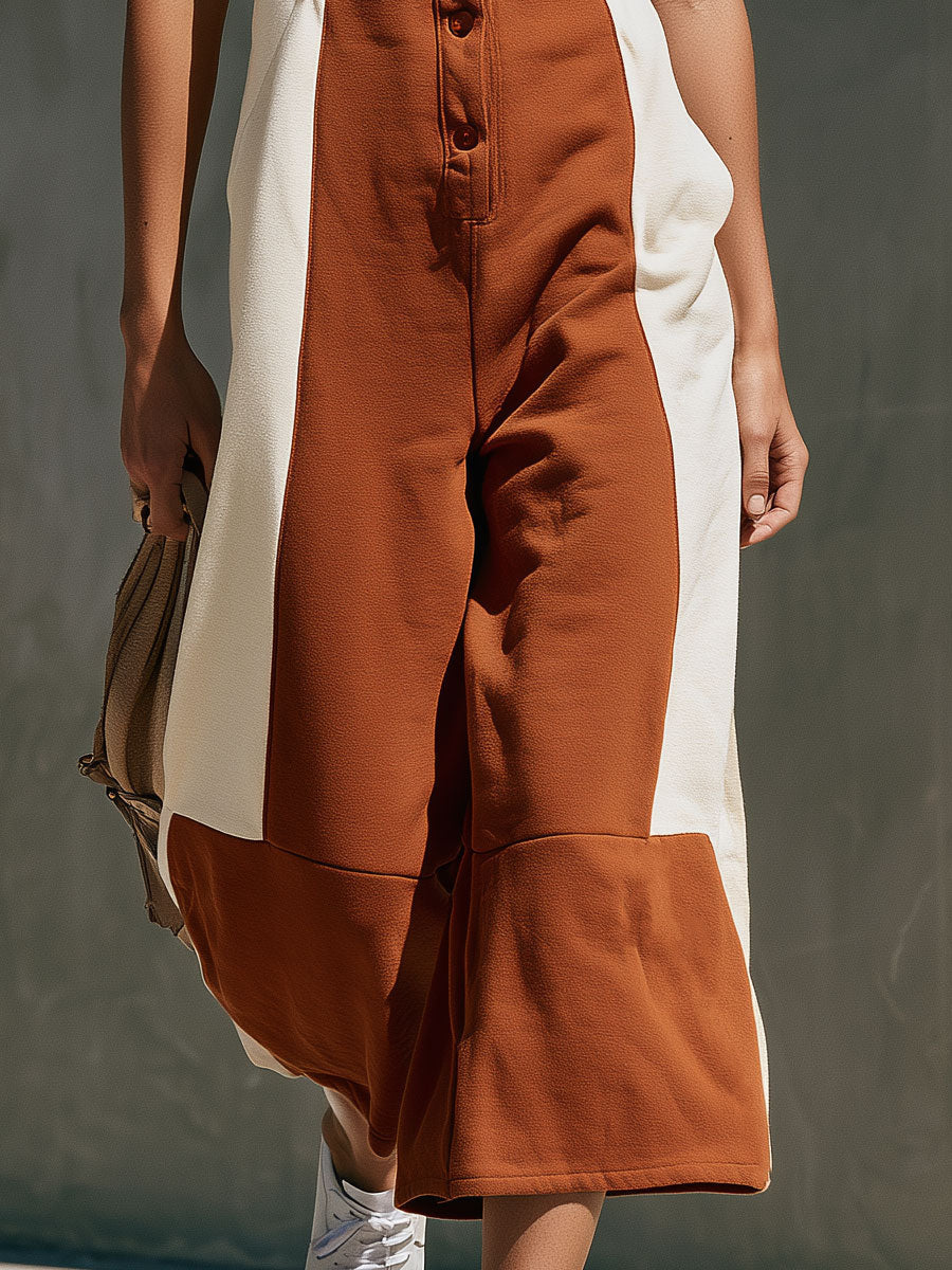 Casual Retro Color-blocked Square Neck Cotton Jumpsuit - By Qivii