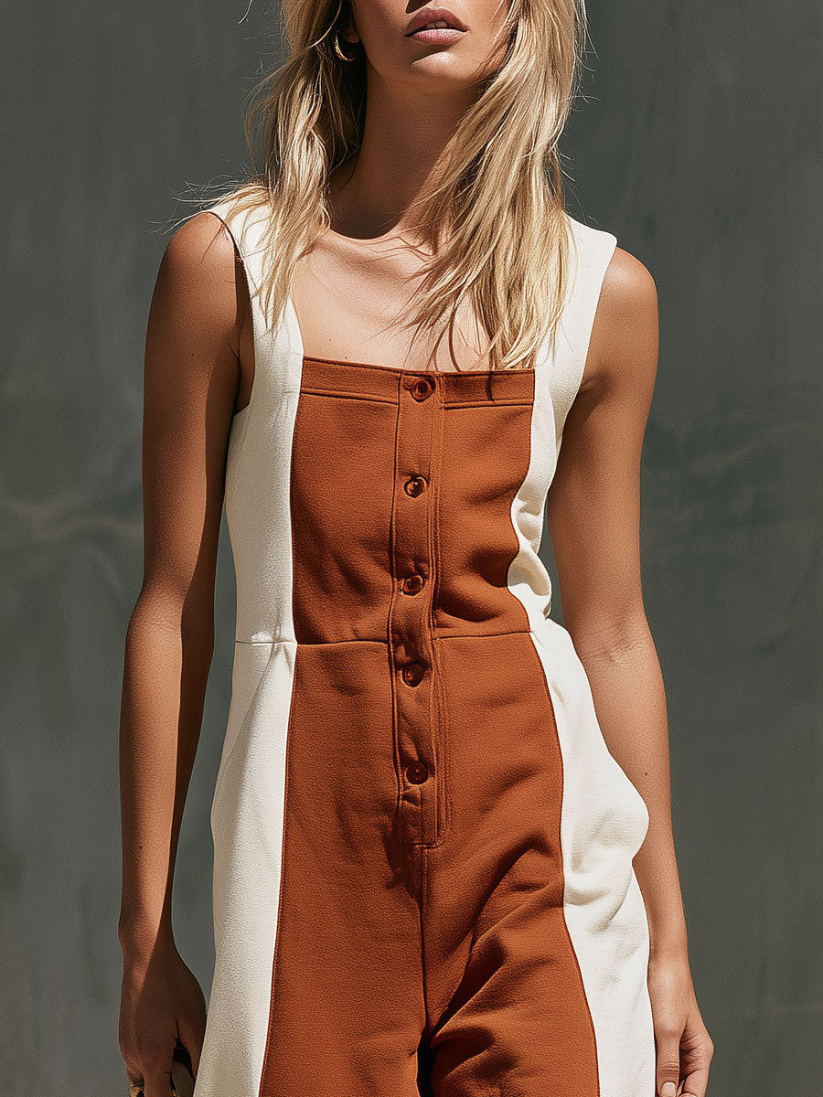 Casual Retro Color-blocked Square Neck Cotton Jumpsuit - By Qivii