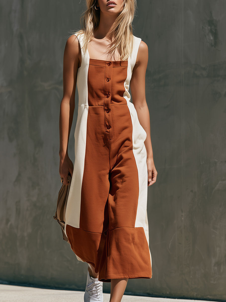 Casual Retro Color-blocked Square Neck Cotton Jumpsuit - By Qivii
