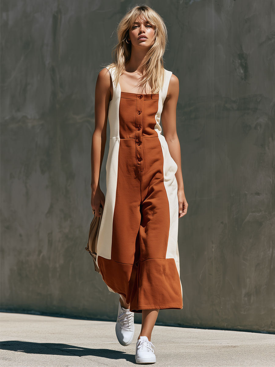 Casual Retro Color-blocked Square Neck Cotton Jumpsuit - By Qivii