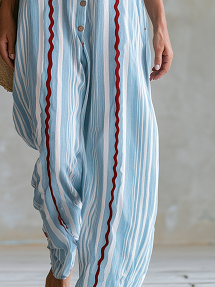 Casual-Chic Scalloped-Edge Blue Striped Cotton-Linen Square-Neck Jumpsuit - By Qivii