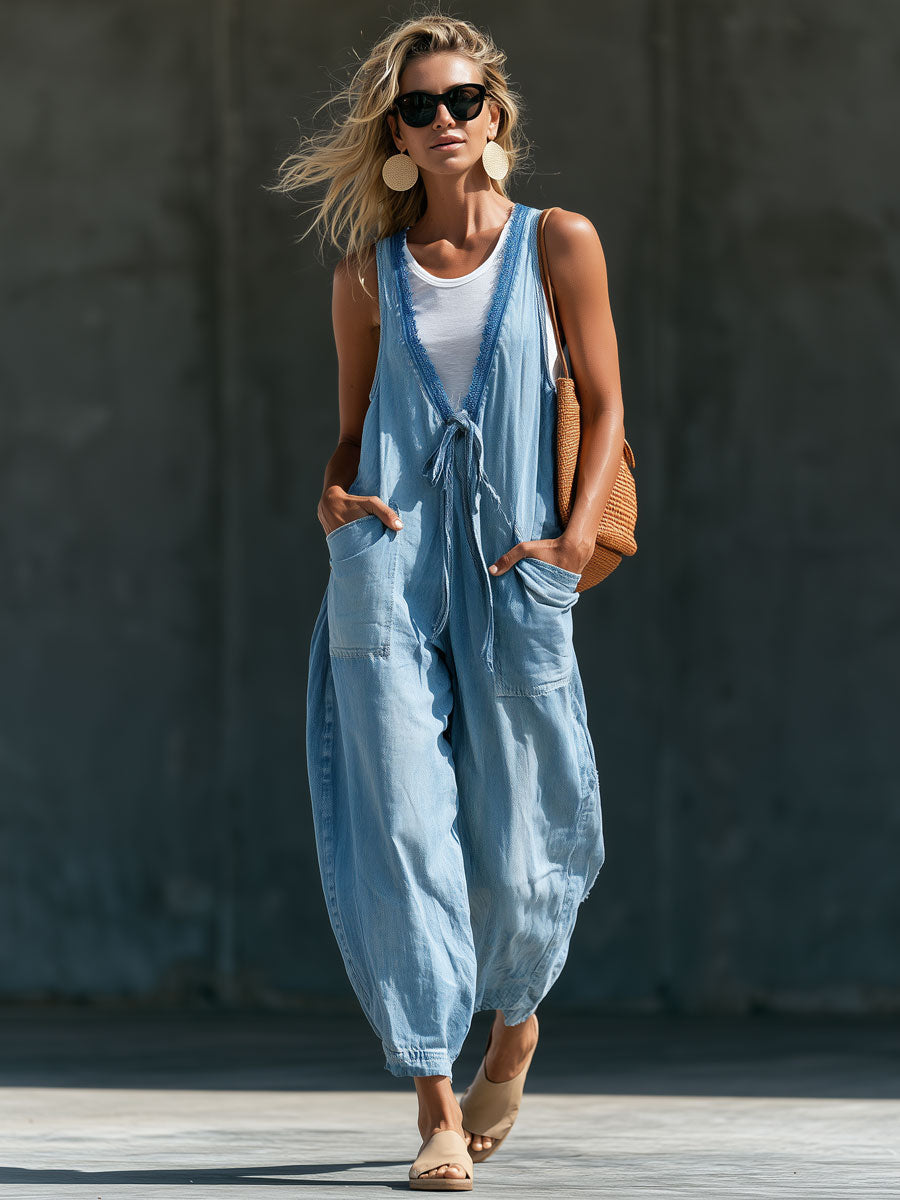 Fashionable Retro V-neck Lace-up Sleeveless Light Blue Denim Jumpsuit - By Qivii