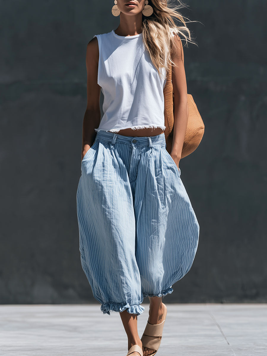 Casual Retro Frayed Top And Light Blue Striped Cotton-linen Cropped Pants Set - By Qivii