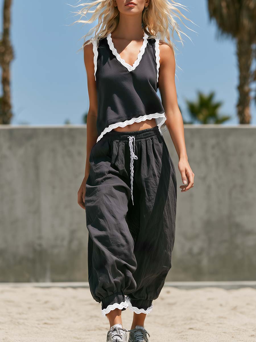Retro Casual Sportswear Wavy Edges Gray Cotton Top And Pants Set - By Qivii