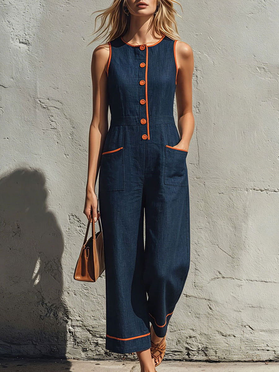Casual Retro Color-blocked Trim Blue Sleeveless Round Neck Cotton-linen Jumpsuit - By Qivii
