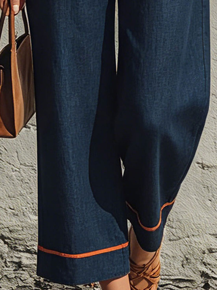 Casual Retro Color-blocked Trim Blue Sleeveless Round Neck Cotton-linen Jumpsuit - By Qivii