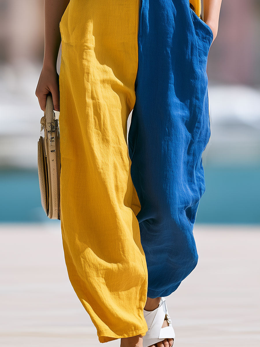 Casual Retro Yellow And Blue Color-blocked Sleeveless V-neck Cotton And Linen Jumpsuit - By Qivii