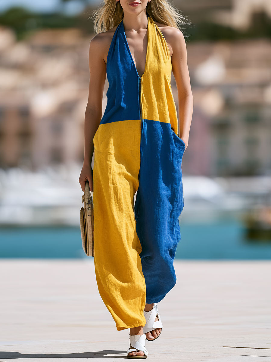 Casual Retro Yellow And Blue Color-blocked Sleeveless V-neck Cotton And Linen Jumpsuit - By Qivii
