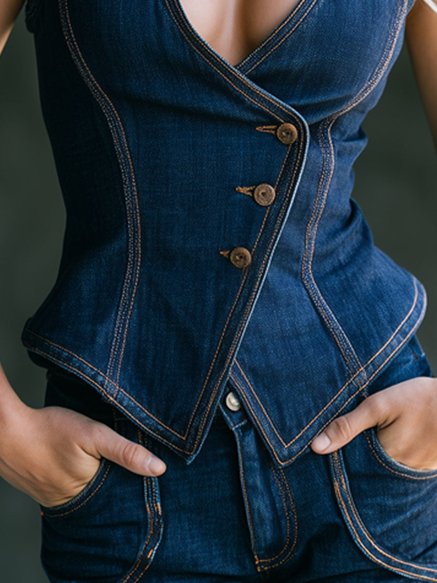 Stylish Retro Blue Denim X-Shaped Vest - By Qivii