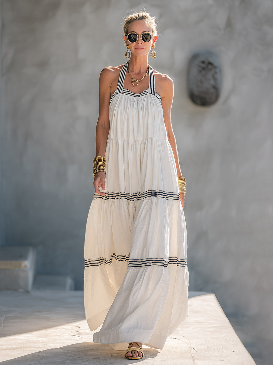 Classic Romantic Vacation Style Striped-Trim White Halter-Neck Cotton Maxi Dress - By Qivii