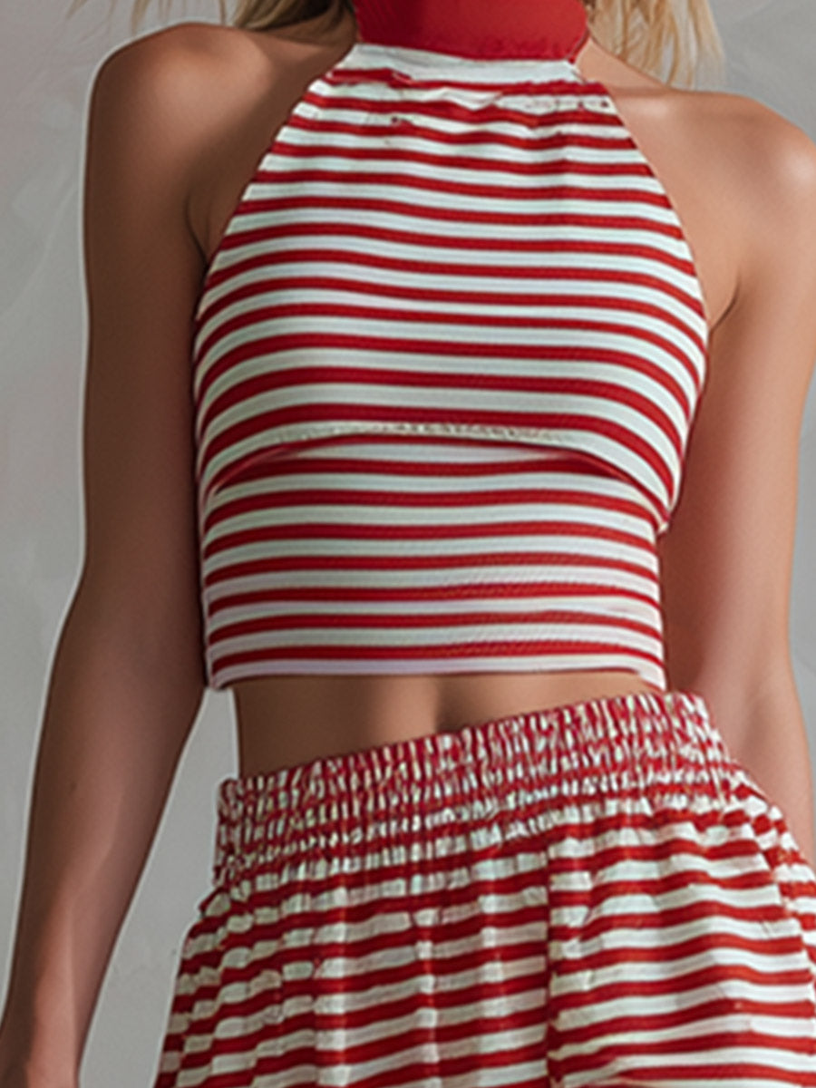 Retro Resort-Style Sporty Red Striped Cotton Sleeveless Top And Skirt Set - By Qivii