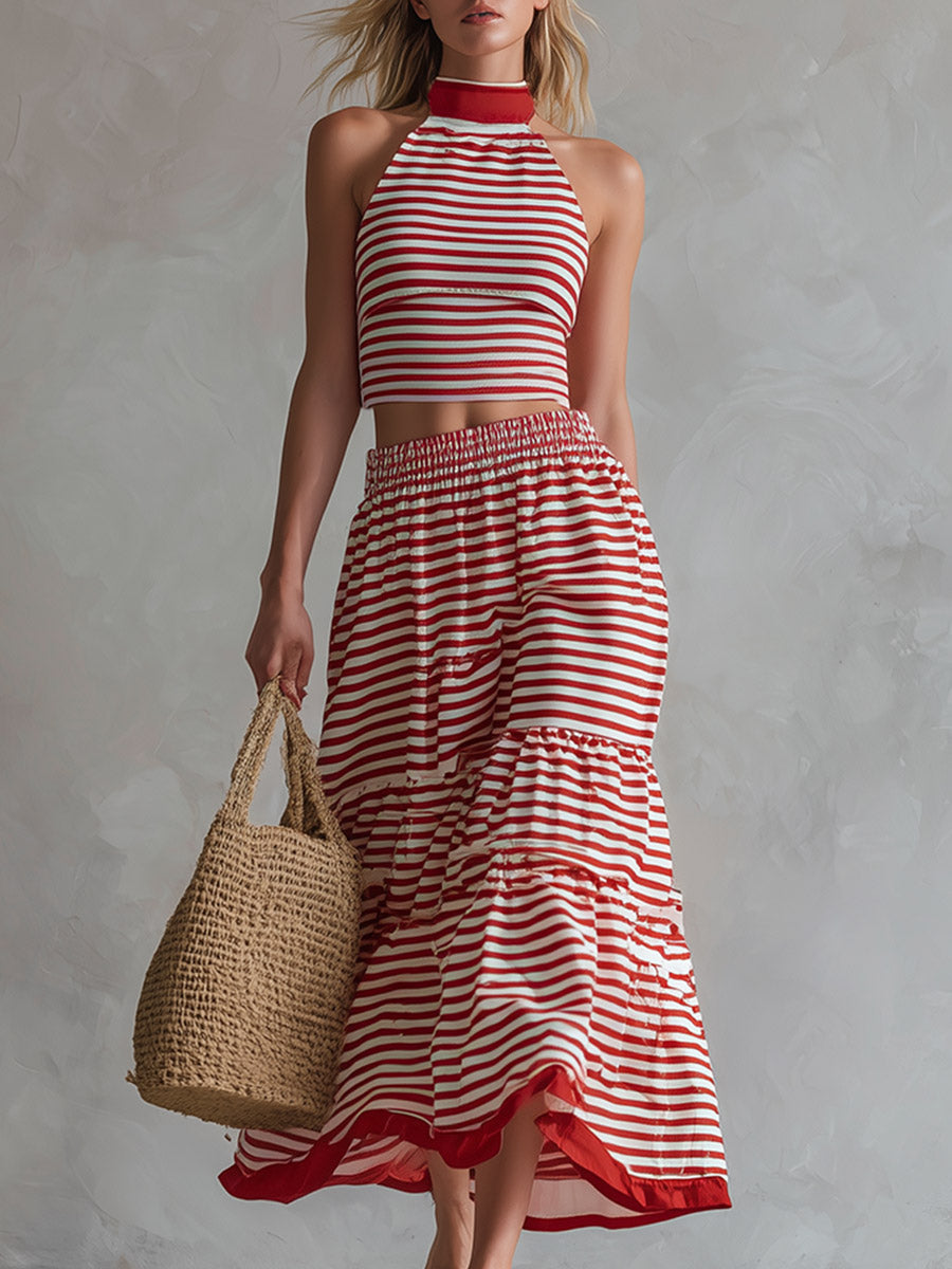 Retro Resort-Style Sporty Red Striped Cotton Sleeveless Top And Skirt Set - By Qivii