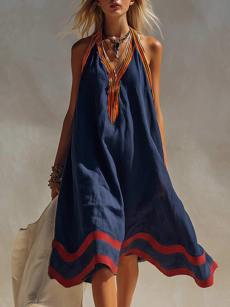 Vintage Elegance Meets Wavy Edging Navy Blue Cotton-Linen Midi Dress - By Qivii