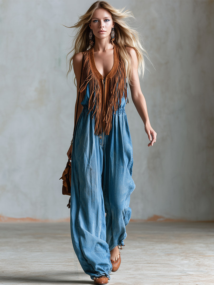 Vintage-style Brown Faux-suede Fringed Blue Denim Jumpsuit - By Qivii