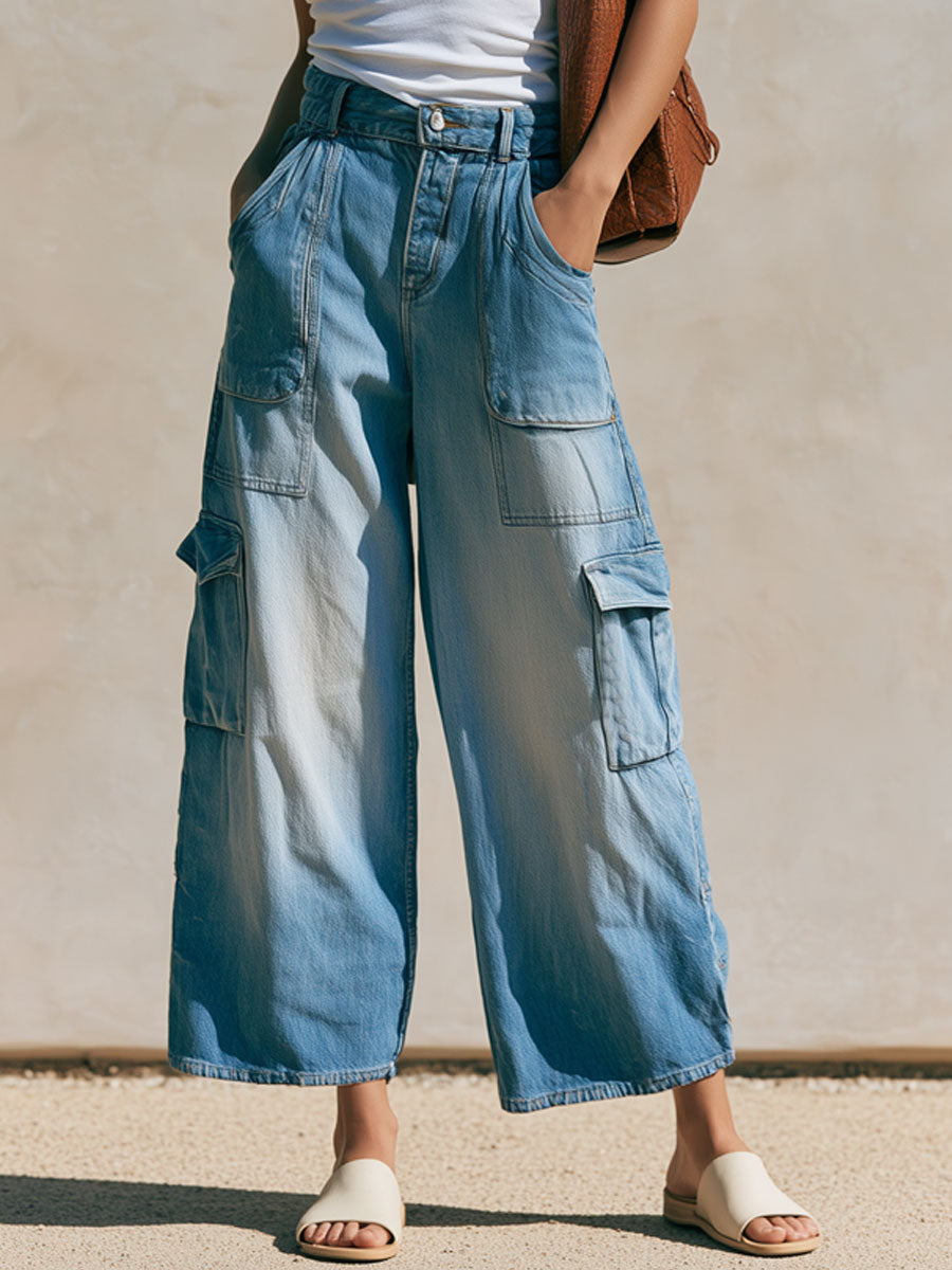 Casual Retro Light Blue Cropped Workwear Jeans - By Qivii