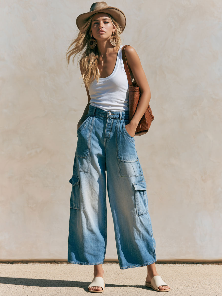 Casual Retro Light Blue Cropped Workwear Jeans - By Qivii