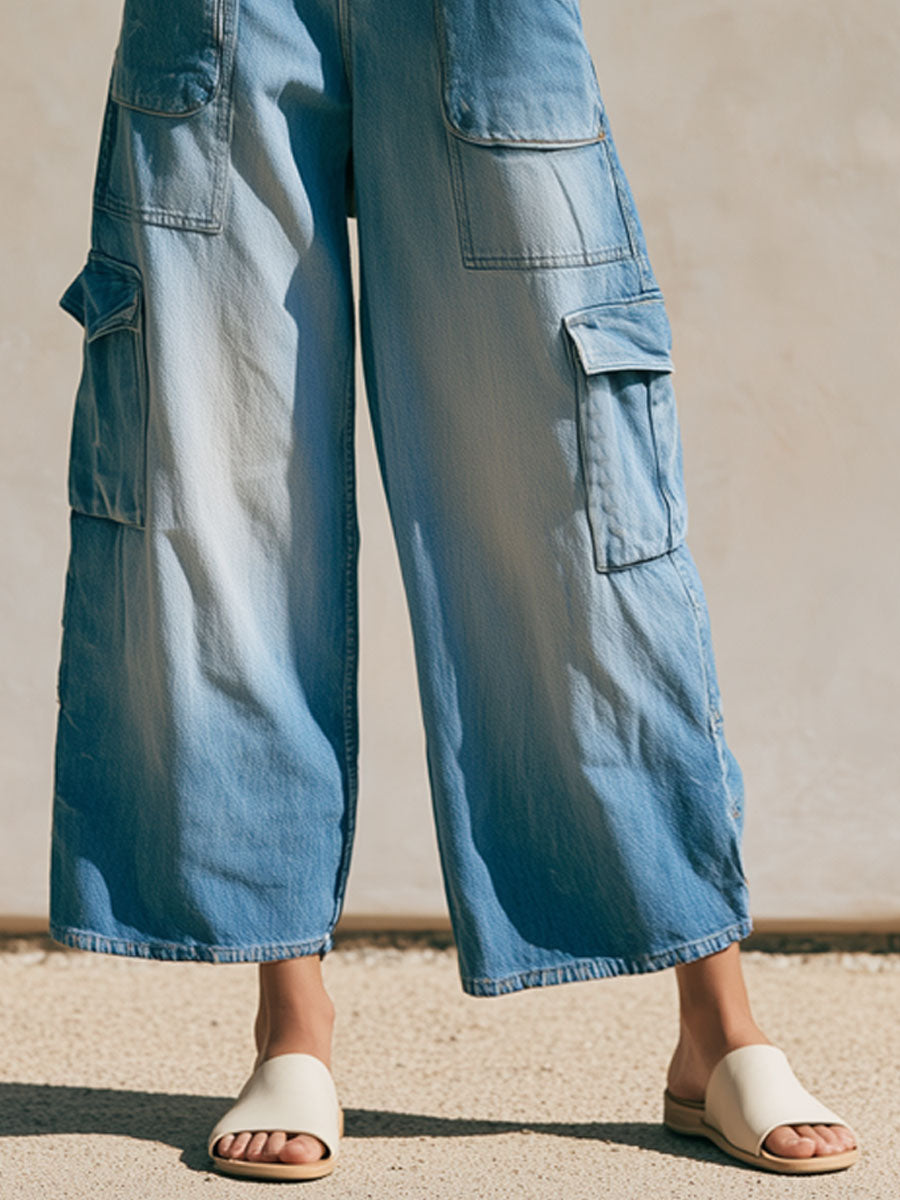 Casual Retro Light Blue Cropped Workwear Jeans - By Qivii