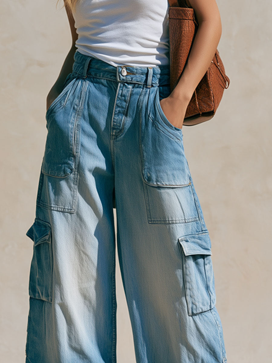 Casual Retro Light Blue Cropped Workwear Jeans - By Qivii