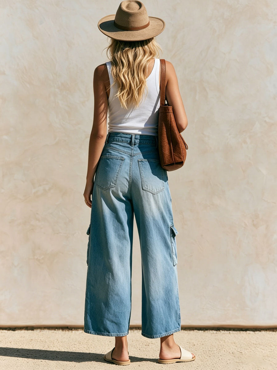 Casual Retro Light Blue Cropped Workwear Jeans - By Qivii