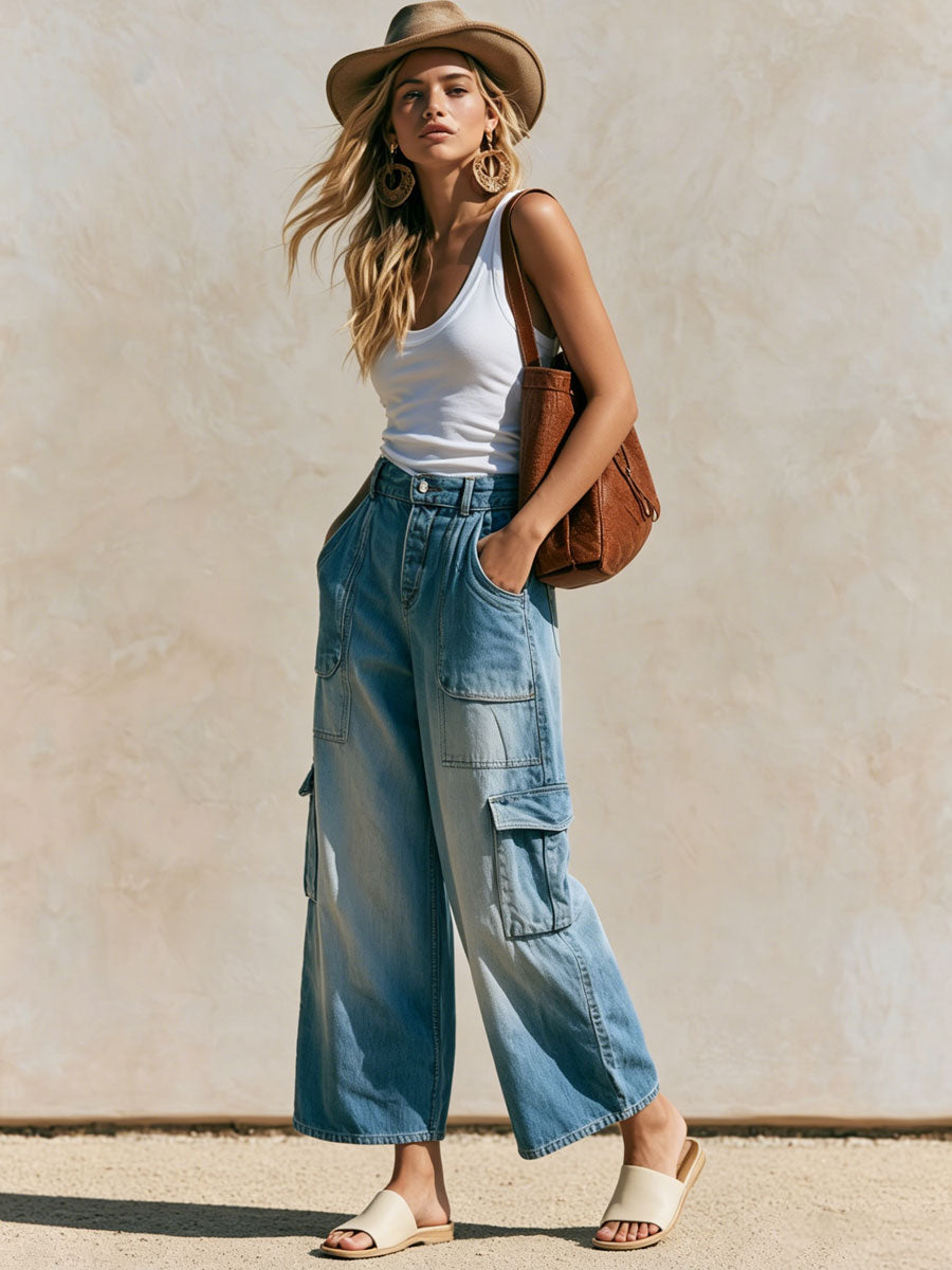 Casual Retro Light Blue Cropped Workwear Jeans - By Qivii