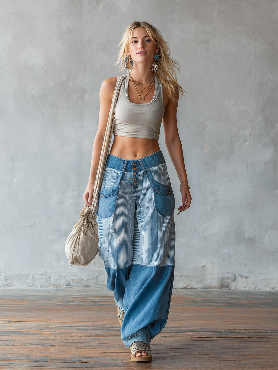Casual-chic Light Blue Striped Patchwork Jeans - By Qivii