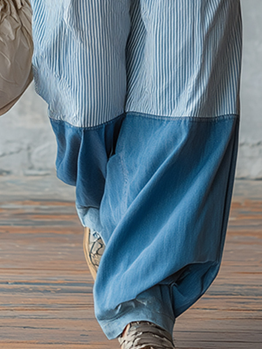Casual-chic Light Blue Striped Patchwork Jeans - By Qivii