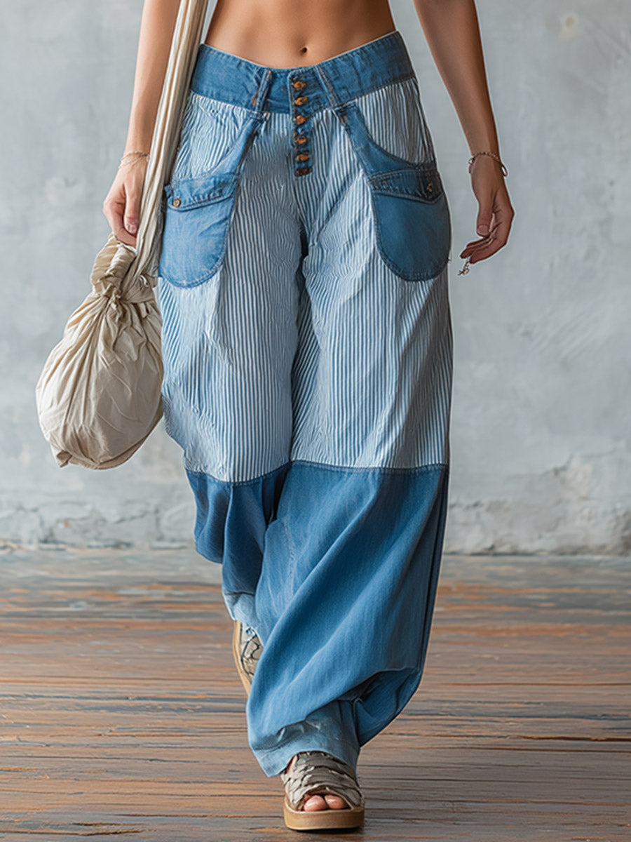 Casual-chic Light Blue Striped Patchwork Jeans - By Qivii