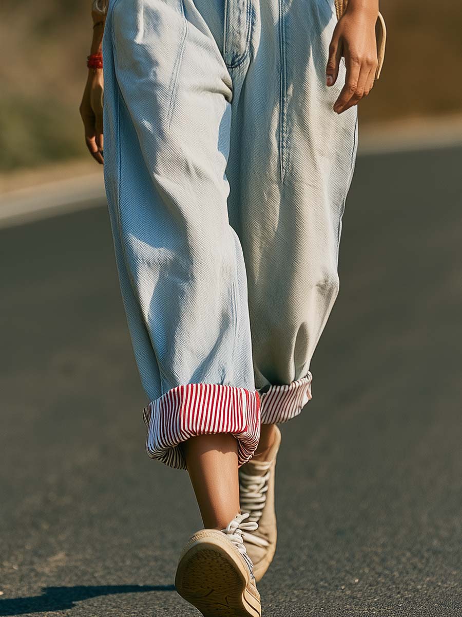 Retro Fashion Striped Cuffs Light Blue Washed Denim Cropped Trousers - By Qivii