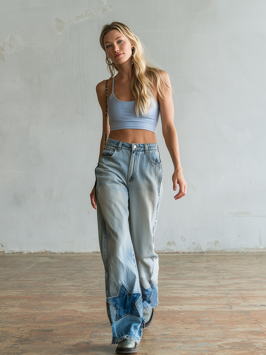 Casual Stylish Star-Patterned Light Blue Wide-Leg Jeans - By Qivii