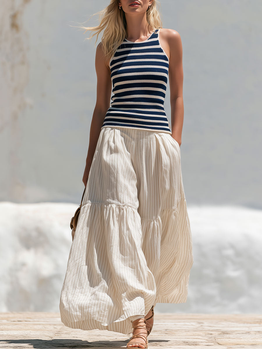 Casual Retro Blue Striped Knit Vest And Beige Striped Cotton-linen Pants Set - By Qivii