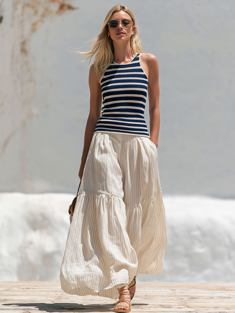 Casual Retro Blue Striped Knit Vest And Beige Striped Cotton-linen Pants Set - By Qivii