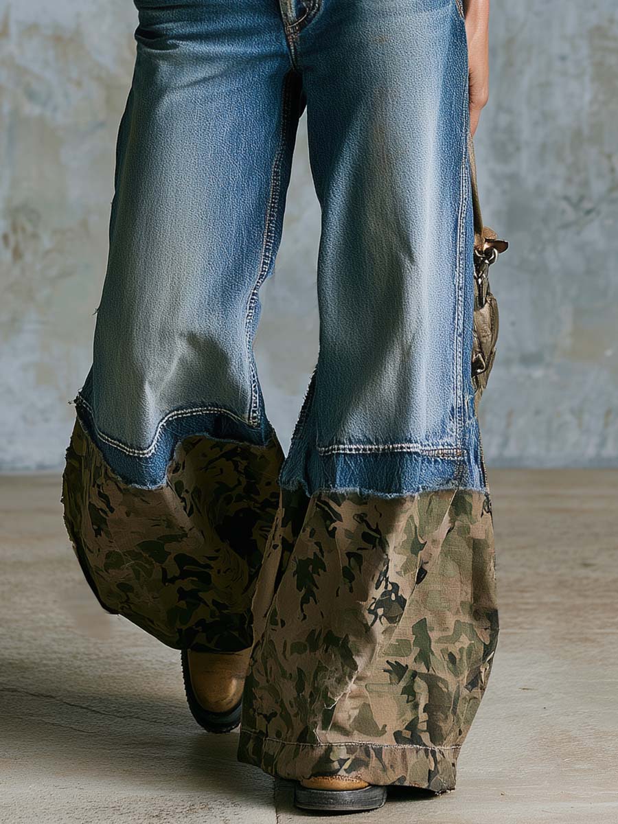 Personality Versatile Camouflage-Paneled Cuffs Blue Washed Denim Wide-leg Pants - By Qivii