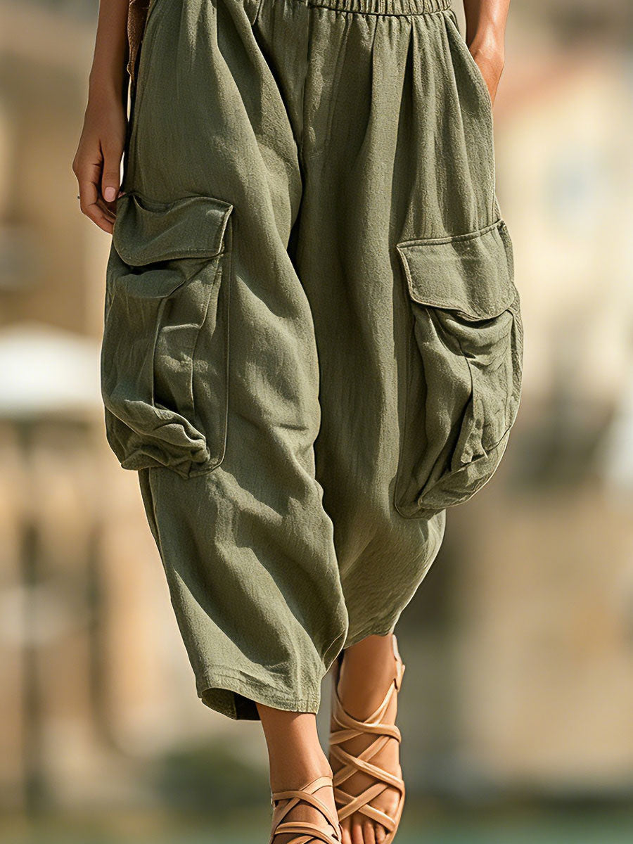 Casual Retro Striped Strapless Top And Green Cotton Linen Capri Pants Set - By Qivii