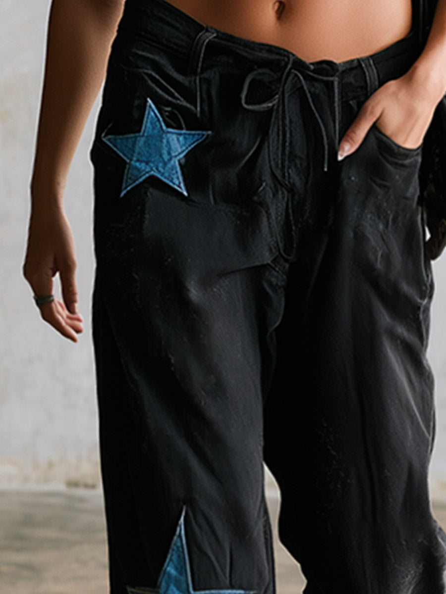Casual Distinctive Star-patterned Sportswear Black Straight-leg Jeans - By Qivii