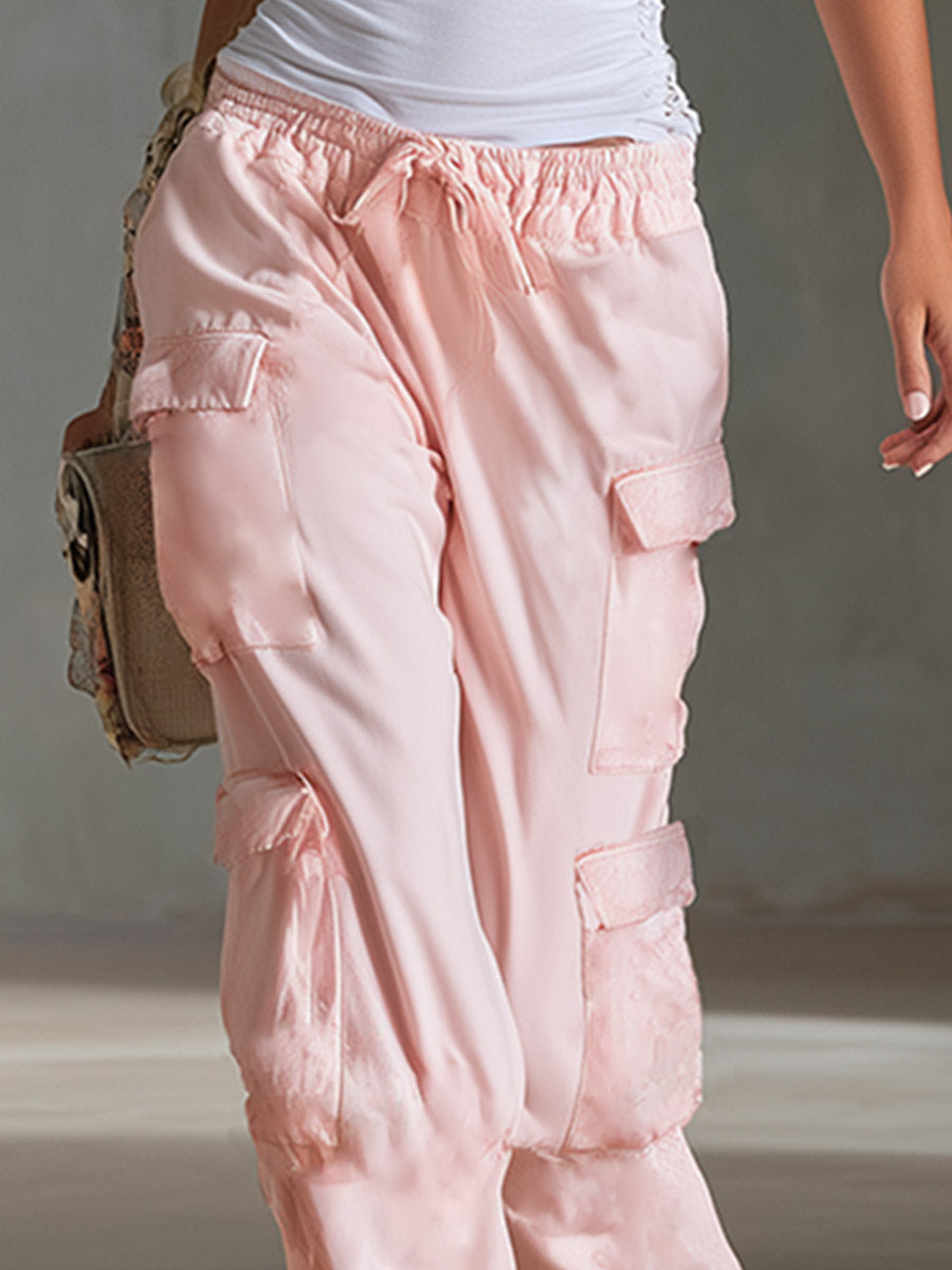 Chic Urban Sporty White T-Shirt & Pink Multi-Pocket Pants Set - By Qivii