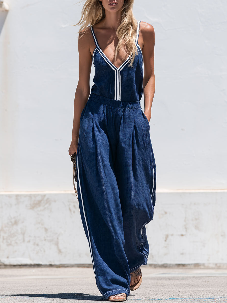 Retro-style Casual Color-blocked Blue Cotton Linen Vest And Pants Set - By Qivii