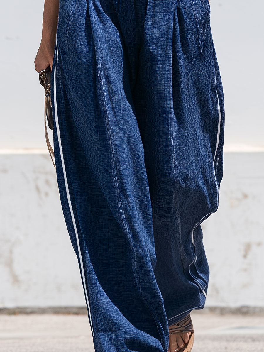 Retro-style Casual Color-blocked Blue Cotton Linen Vest And Pants Set - By Qivii